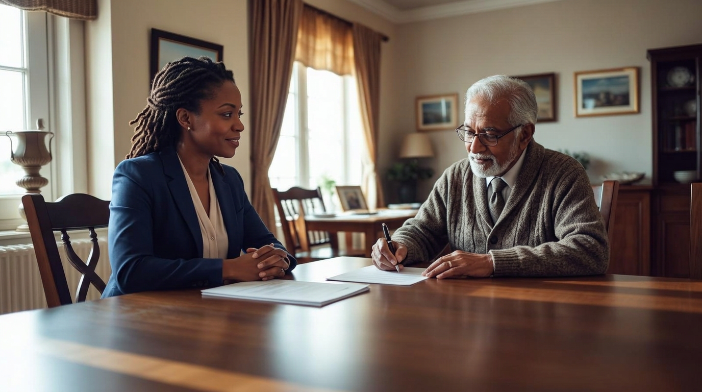 A notary sitting at a dining table with an older client in a comfortable sunlit home