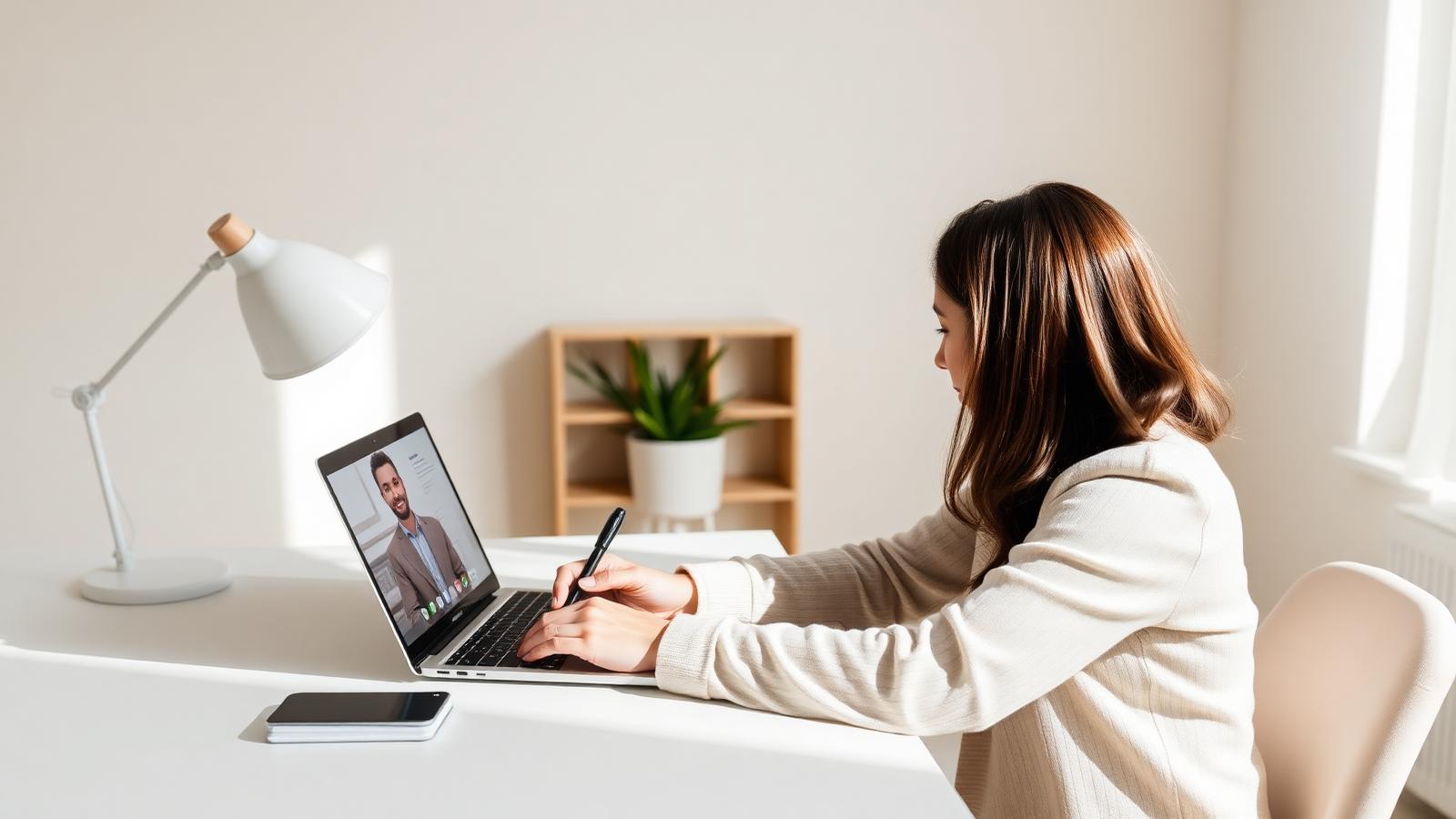 A person completing a notarization remotely on a laptop video call at a bright home desk